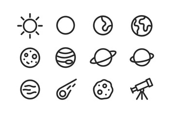 Astronomy Icons Grid. Astronomy study. Line icon set of astronomy study: sun, mercury, venus, earth, mars, jupiter, saturn, uranus, neptune, comet, asteroid,