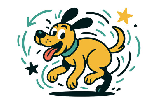 Playful Tail Chase. Funny sketches. Cartoon dog chasing its tail with abstract floating motion lines and stars; conveys playful energy and humor. Modern flat