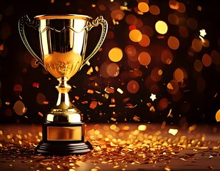 sparkling backdrop, colorful confetti, a gold trophy, an elaborate gold cup, and a celebration