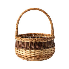 Woven basket with a handle sits, isolated on white or transparent background. PNG