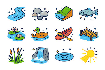 Obraz premium Freshwater Stream Icons. Freshwater stream. Colorful isometric vector icons set of freshwater stream: clear river, pebbles, riverbank, fish, water lilies,