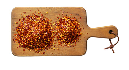 Dried Red Chili Flakes on a Wooden Cutting Board with Warm Brown Background