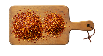 Dried Red Chili Flakes on a Wooden Cutting Board with Warm Brown Background