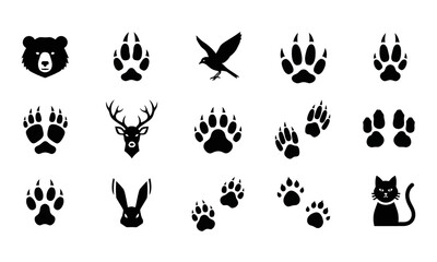 Assortment of various wild animal head and paw print vector icons for nature designs