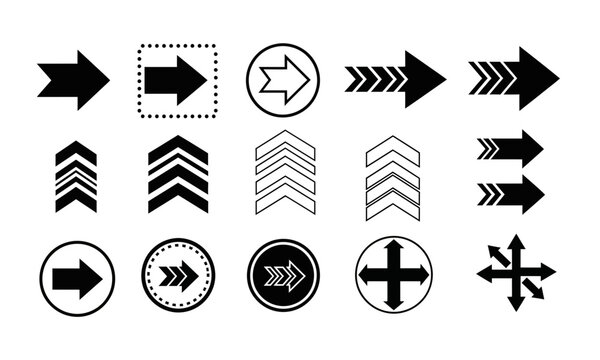 Diverse black arrow icon collection for website navigation, user interface design, and progress indicators