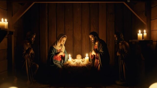 Peaceful nativity scene with glowing candlelight in a wooden manger setting