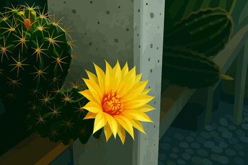 The image shows a bright yellow cactus flower blooming from a round green cactus covered in sharp spines. The cactus is placed beside a concrete surface, with another cactus visible in the background.