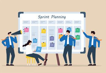 Vector illustration of team collaborating on whiteboard sprint planning with sticky notes iterative development