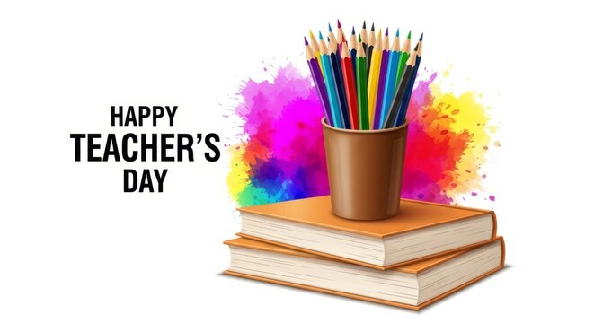 Celebrate educators with vibrant colored pencils atop stacked books, a colorful splash symbolizing learning and appreciation for Teacher's Day. - Powered by Adobe