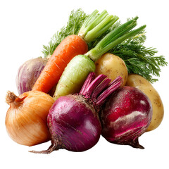 carrot, onion, potato, beet, pea on a white background