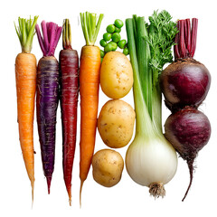 carrot, onion, potato, beet, pea on a white background