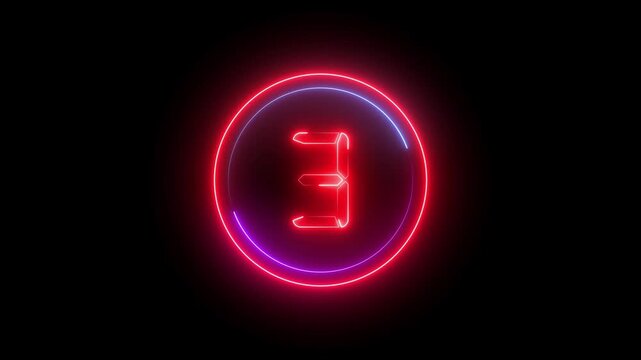 Number 3 neon bright red color animation 4k video. Abstract neon bright circle frame on black background.