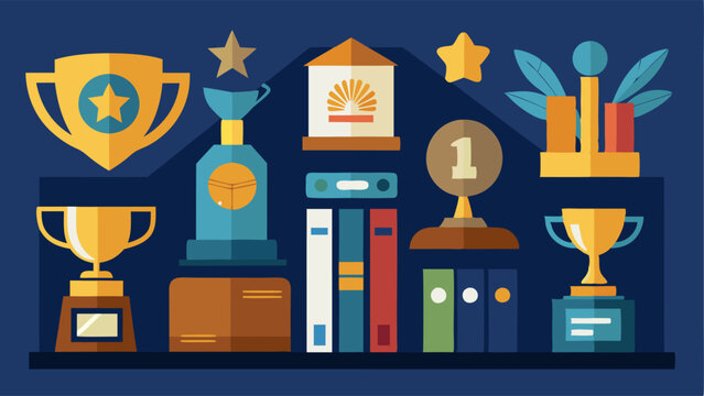 A display case showcasing various trophies and awards won by the universitys academic departments.