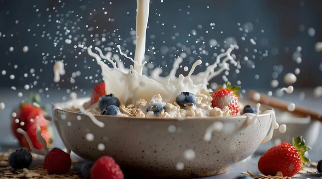 Bowl of cereal with creamy milk splash, blueberry and strawberry garnish, oat flakes scattered � energetic fresh breakfast scene