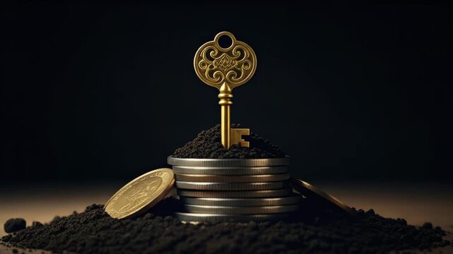 Golden key and coins emerging from dark soil symbolizing wealth and opportunity