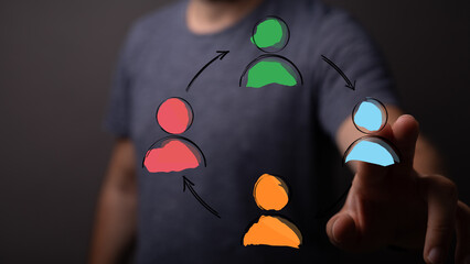 Concept of communication and collaboration through abstract network with hand pointing to person.