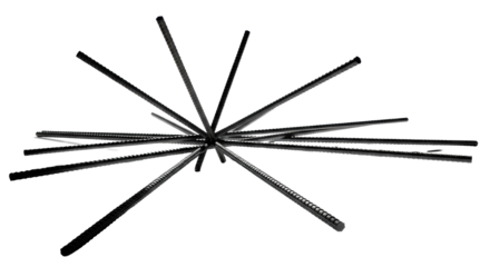 Clean dark steel industrial rebar in an abstract geometric pattern casts razor-sharp elongated shadows on a transparent background with harsh low-angle lighting, structural strength concept