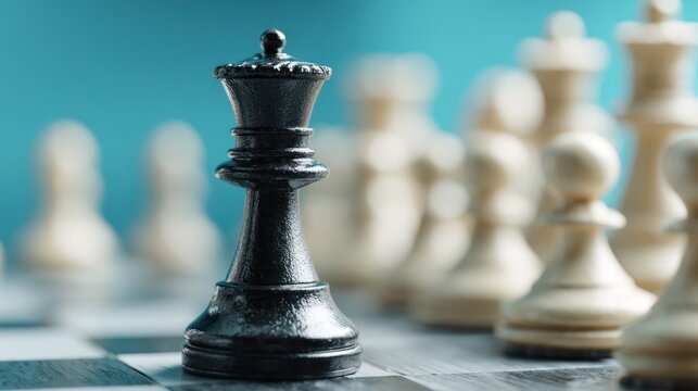A black queen chess piece in focus with white pieces blurred in the background on a board