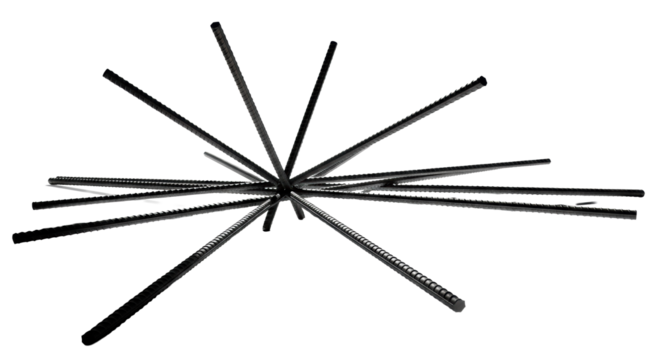 Clean dark steel industrial rebar in an abstract geometric pattern casts razor-sharp elongated shadows on a transparent background with harsh low-angle lighting, structural strength concept