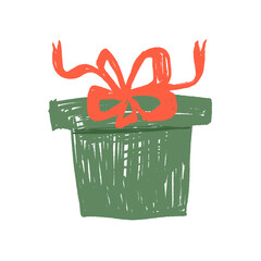 Child&rsquo;s drawing of a gift box made with colored pencil or chalk. Cute hand-drawn present illustration with ribbon and bow in naive kids art style
