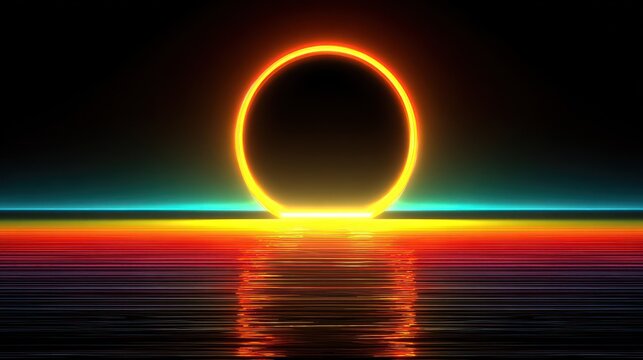 A bright neon ring reflects on rippled water under a colorful gradient sky