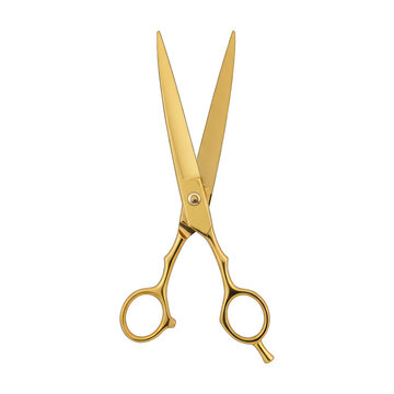 Elegant, open, golden professional hair styling scissors against dark background