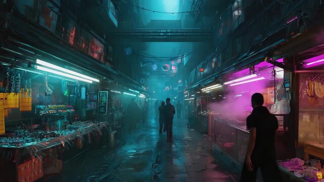 Cyberpunk Night Market with Neon Lights and Fog