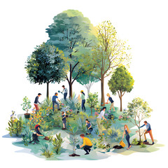 Community tree planting initiative isolated on transparent background