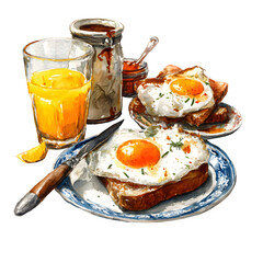Watercolor breakfast still life isolated on transparent background