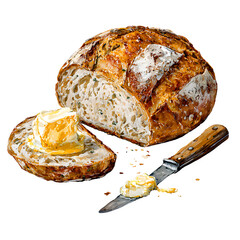 Sourdough bread with butter isolated on transparent background