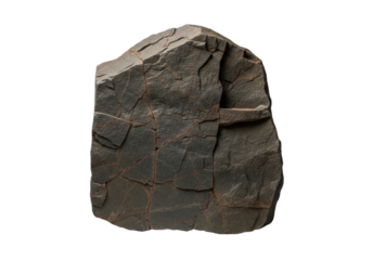 Ancient weighty slab of unpolished basalt rock, charcoal grey and umber with rust-red streaks, isolated on transparent background with copy space, raw geological matter concept
