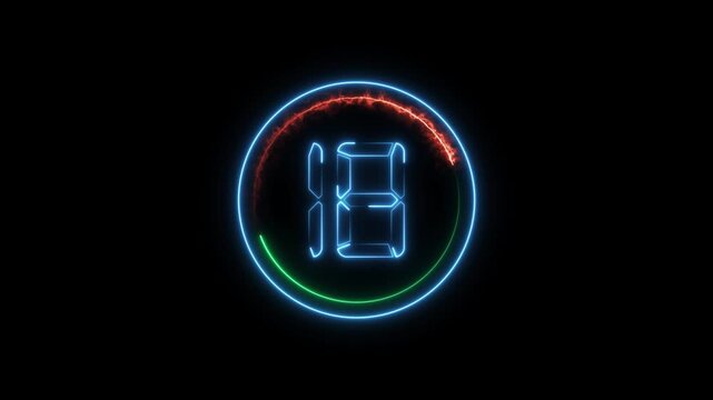 Number 18 neon bright royal blue color animation 4k video. Abstract neon bright circle frame on black background.