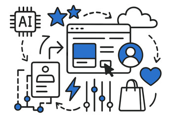 AI Doodle Elements. // AI recommendation engine. Hand-drawn doodle illustration AI recommendation engine [AI chip (accented), star icons (accented), product