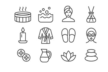 Spa Icon Set. Spa and Wellness. Line icon set of Spa and Wellness: jacuzzi, hot tub bubbles, towel wrap, aroma diffuser, candle, bathrobe, slippers, face mask,
