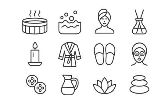 Spa Icon Set. Spa and Wellness. Line icon set of Spa and Wellness: jacuzzi, hot tub bubbles, towel wrap, aroma diffuser, candle, bathrobe, slippers, face mask,