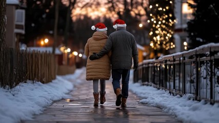 elderly couple walking slowly through snowy street in Santa hats, holding each other, nostalgic holiday moment, soft sunset light, - Powered by Adobe