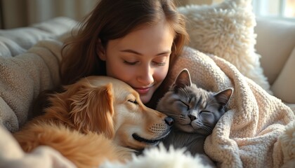 Girl smiles and sleeps with her dog and cat on soft blanket. Pets and owner cuddle close in warm indoor comfort. Peaceful animal lovers share quiet moment.