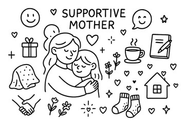 Cozy Motherly Embrace. Supportive Mother. Hand-drawn doodle illustration Supportive Mother mother hugging child, heart, smiling faces, cup of tea, notebook,