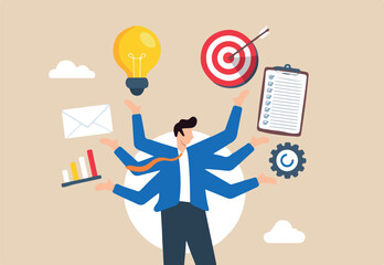 Flat illustration of smart businessman with multiple hands manages project while implementing strategic plan for development