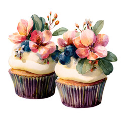 Floral cupcakes watercolor isolated on transparent background