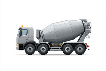 Heavy-duty transport vehicle with rotating drum for mixing construction material shown in profile view