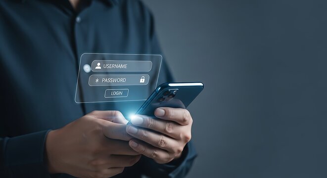 User entering username and password on a smartphone for secure access. Data privacy, identity protection, and information security on mobile devices