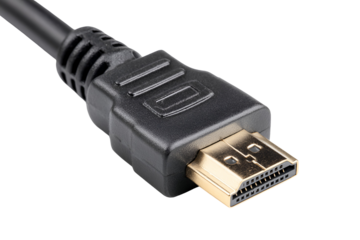 Close up of a black hdmi cable connector with gold plating on a black background