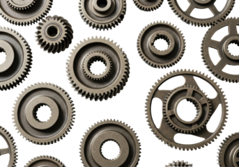 Photorealistic intricate aged bronze and verdigris copper gears and cogs, scattered on transparent background with soft studio light, concept of industrial design and mechanical precision