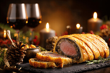 Golden French beef Wellington with mushrooms for elegant Christmas dinner