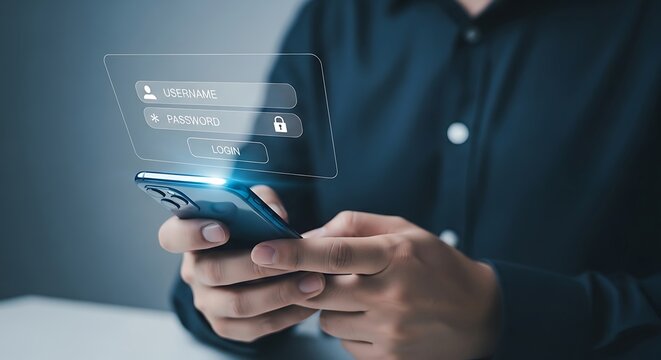 Man using a mobile phone with a virtual login interface. Username and password fields for access to a secure online system or application