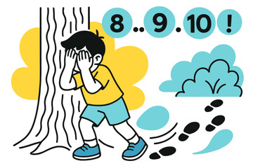 Hide and Seek. Counting at the Tree. Hands cover eyes against a bark pattern while numbers ???!? hover in bold circles. Footprints peel away toward bushes with