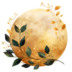 Golden moon with botanical wreath isolated on transparent background