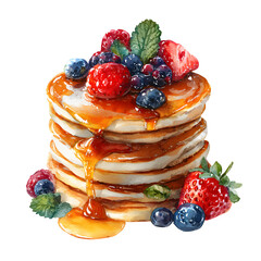 Stack of pancakes with berries and honey isolated on transparent background