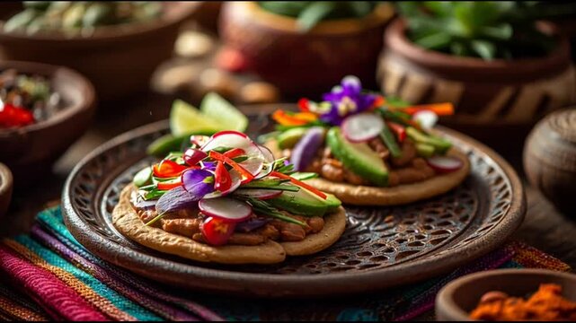 Tostadas With Refried Beans And Vegetables Colorful